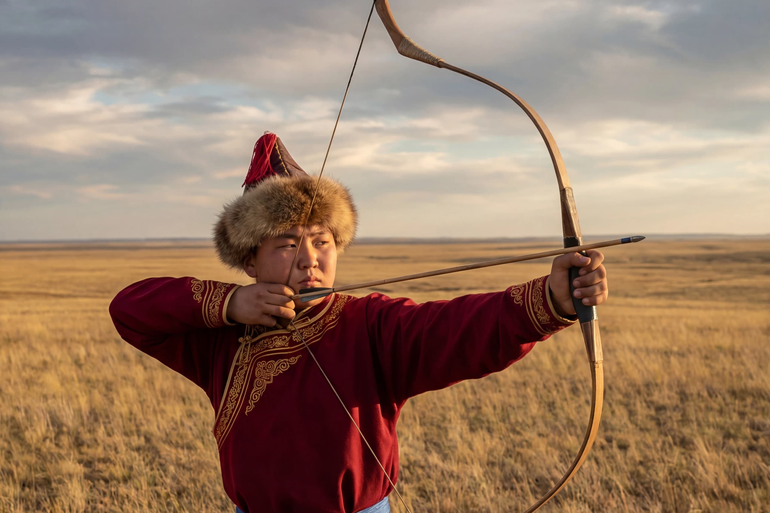 Стрельба из традиционного лука в калмыцкой степи