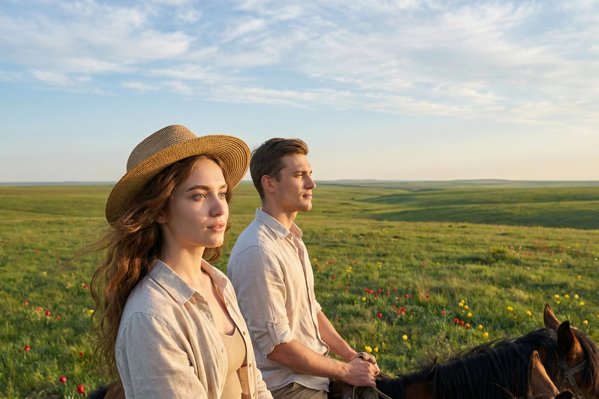 Молодая пара верхом на лошадях в весенней степи Калмыкии