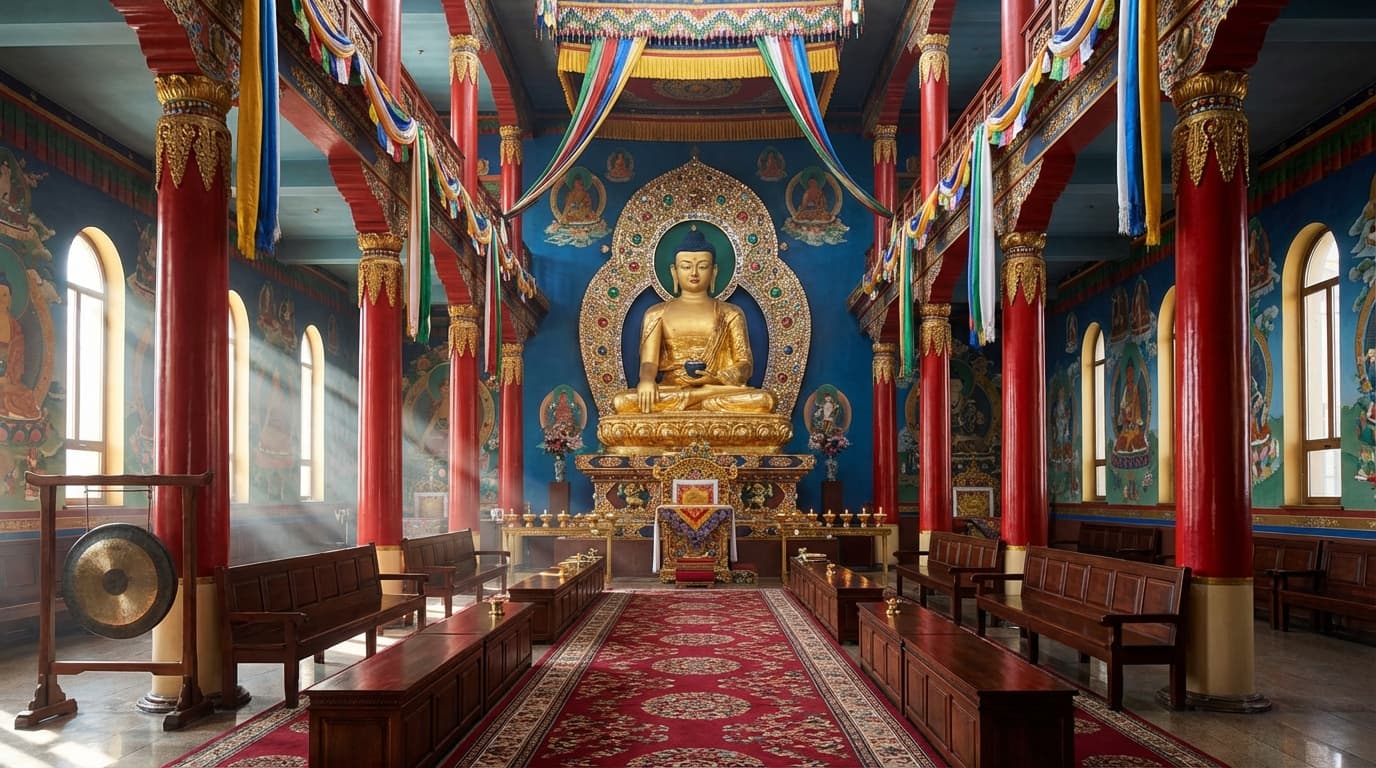 Молельный зал Золотой обители с 9-метровой статуей Будды Шакьямуни, Элиста, Калмыкия