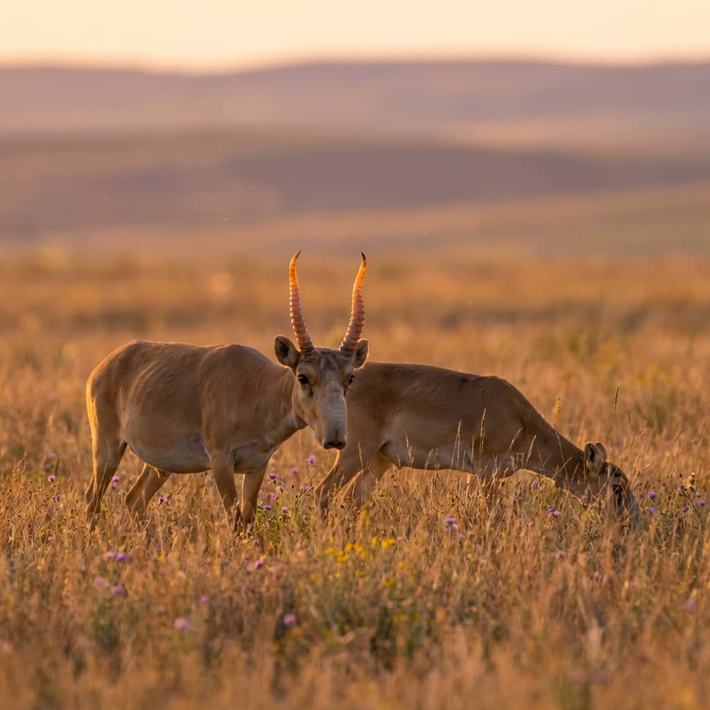 Стадо сайгаков на горизонте степи