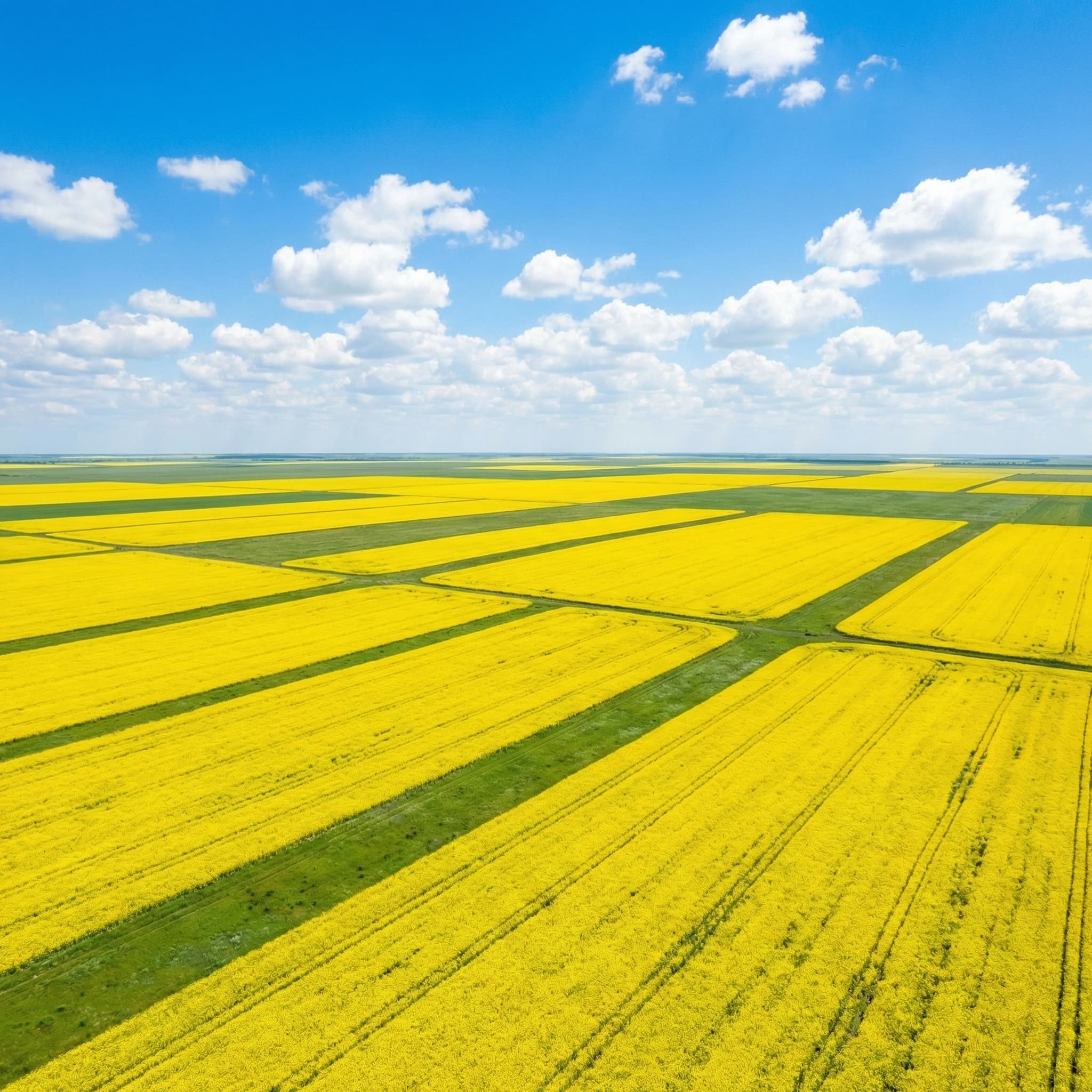 Ярко-жёлтые горчичные поля в калмыцкой степи — вид с дрона