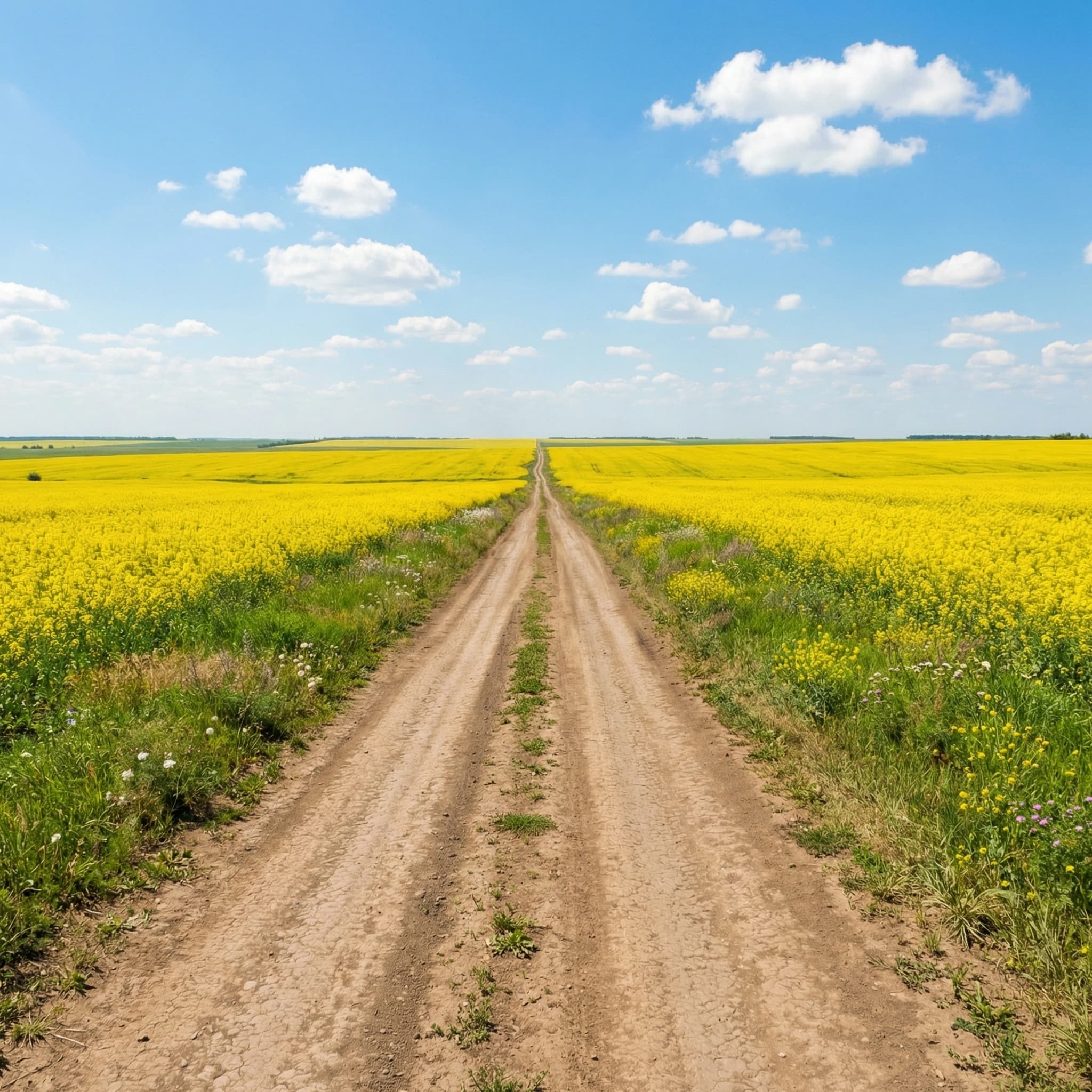 Грунтовая дорога сквозь жёлтые горчичные поля