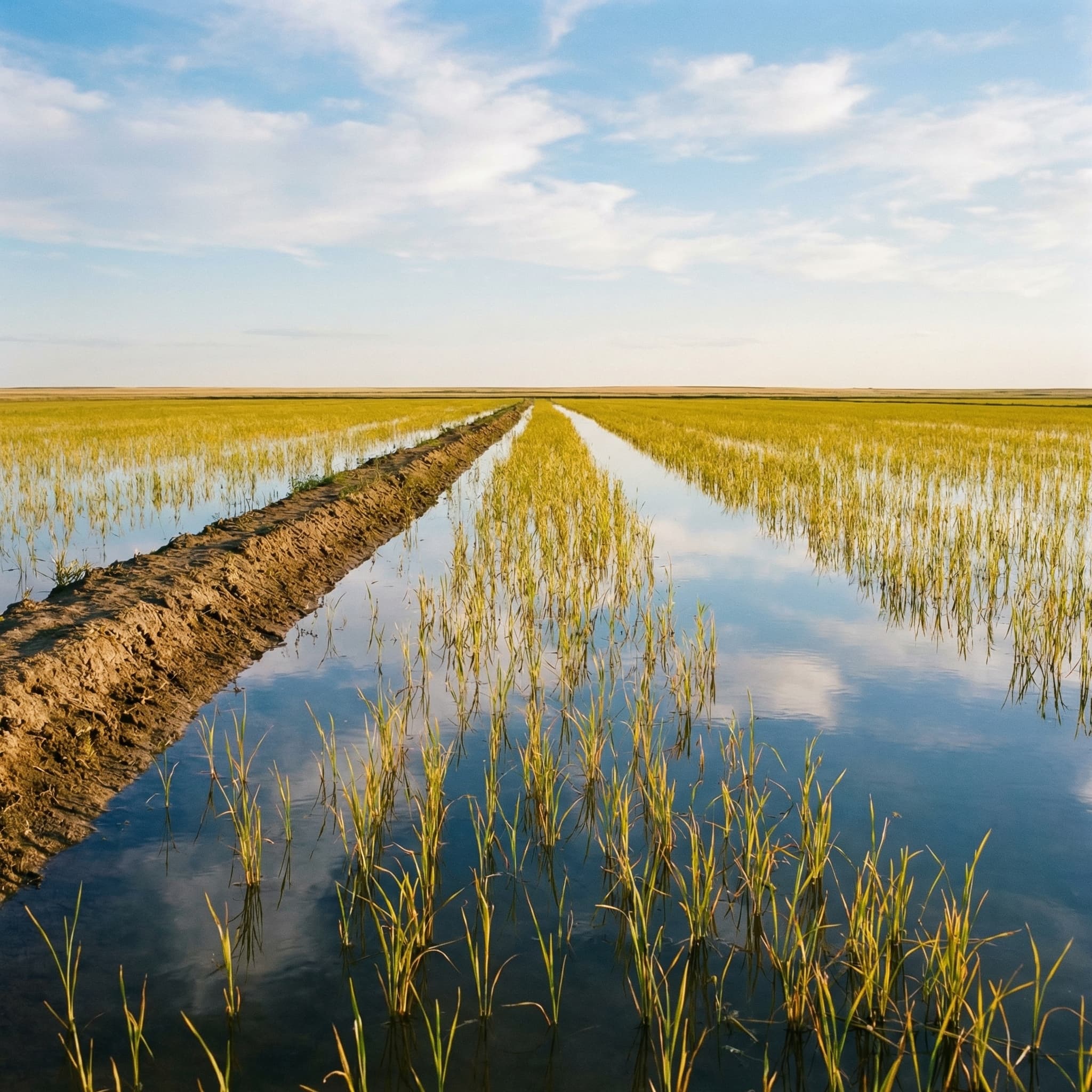 Затопленные рисовые поля в калмыцкой степи — отражение неба в воде