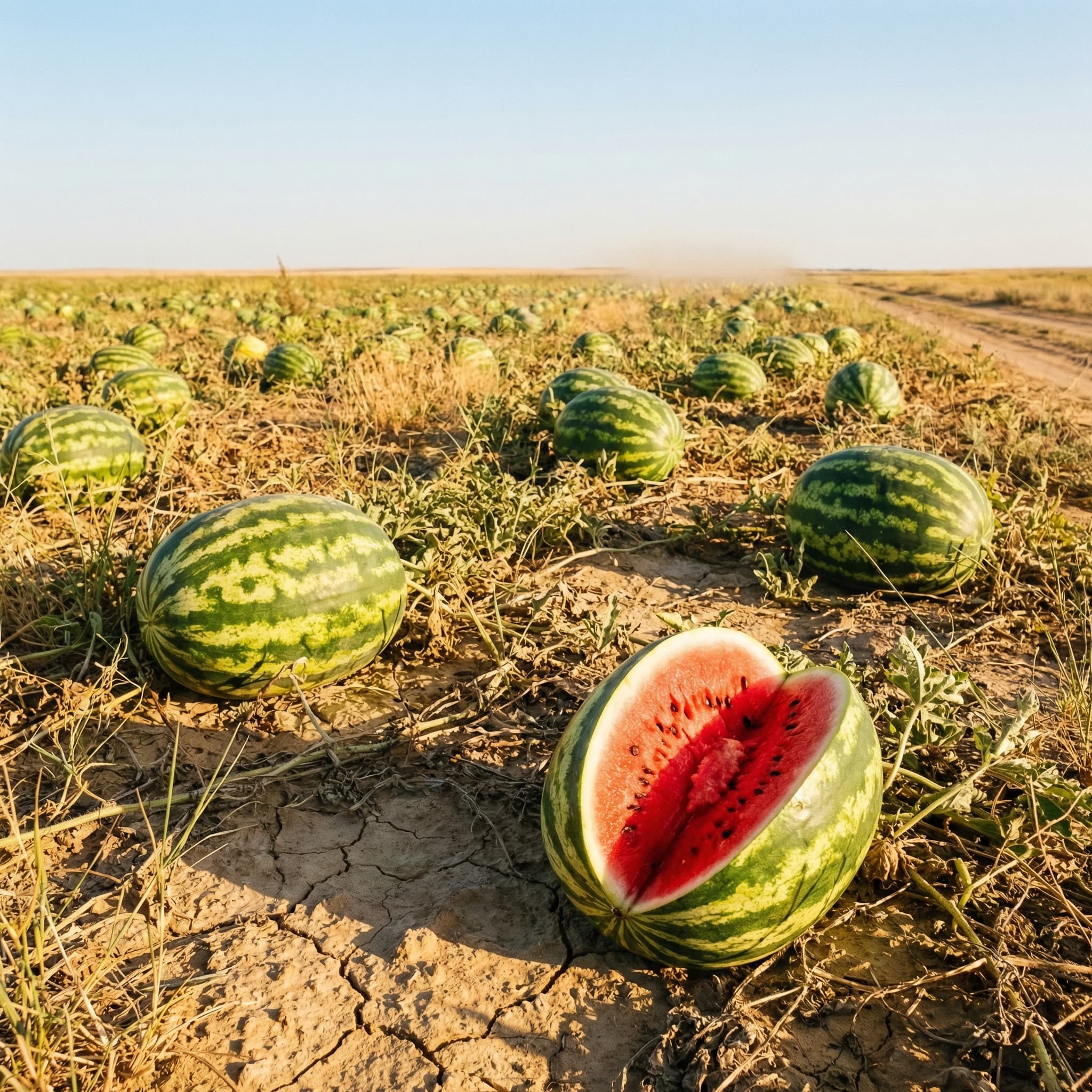 Арбузное поле в калмыцкой степи — спелые полосатые арбузы под жарким солнцем