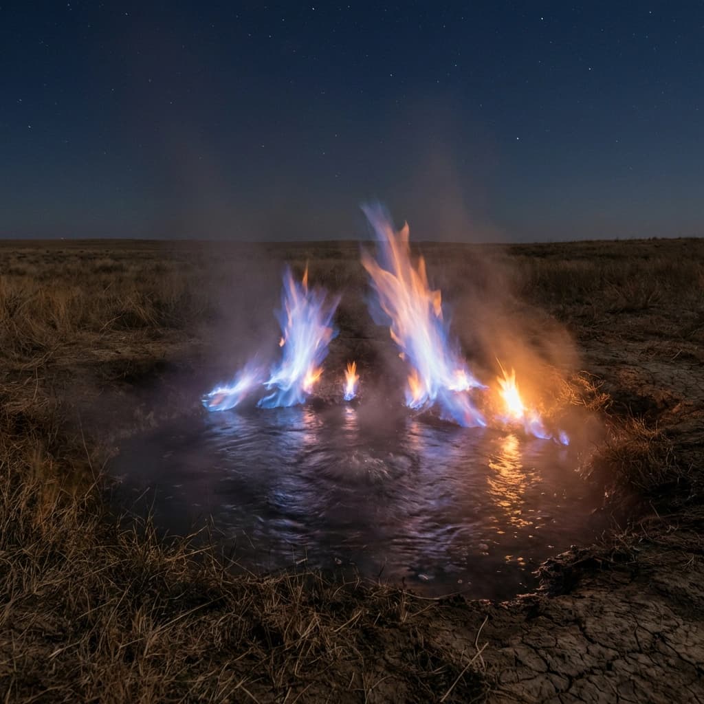 Горящий источник — огонь на воде ночью