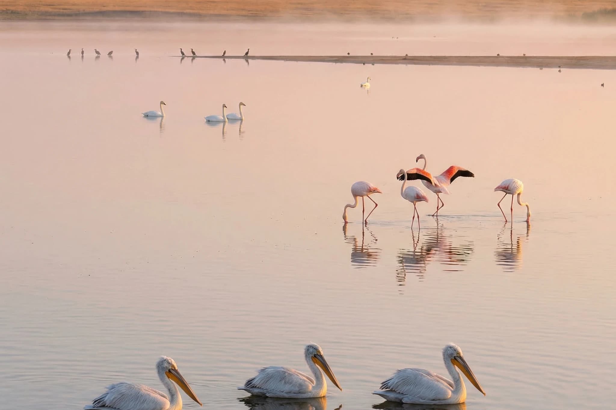 Озеро Маныч-Гудило с фламинго и пеликанами
