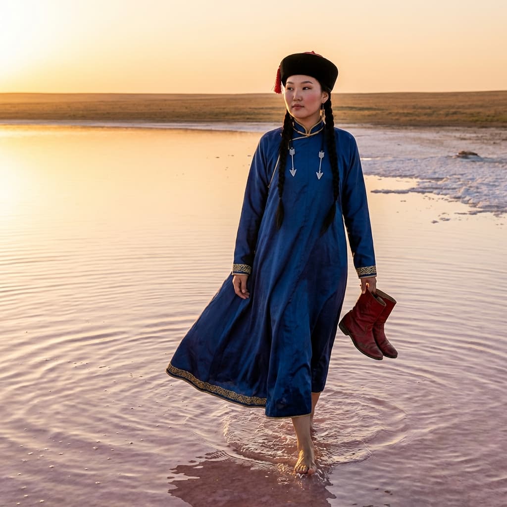 Девушка в калмыцком национальном костюме на розовом озере