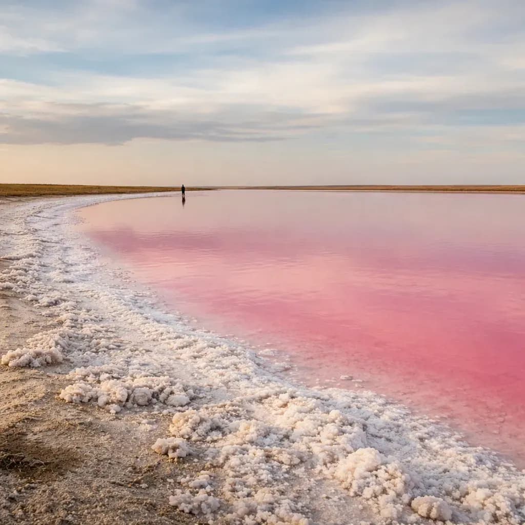 Бескрайняя розовая гладь озера в Калмыкии