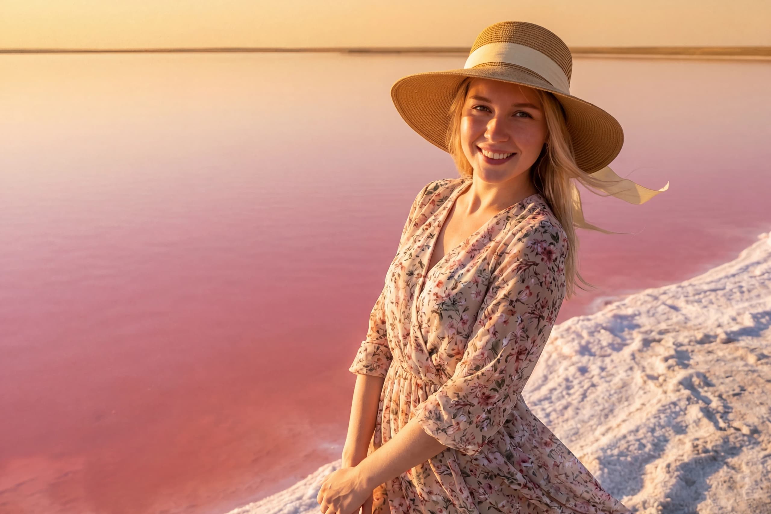 Фотосессия на розовом озере в Калмыкии