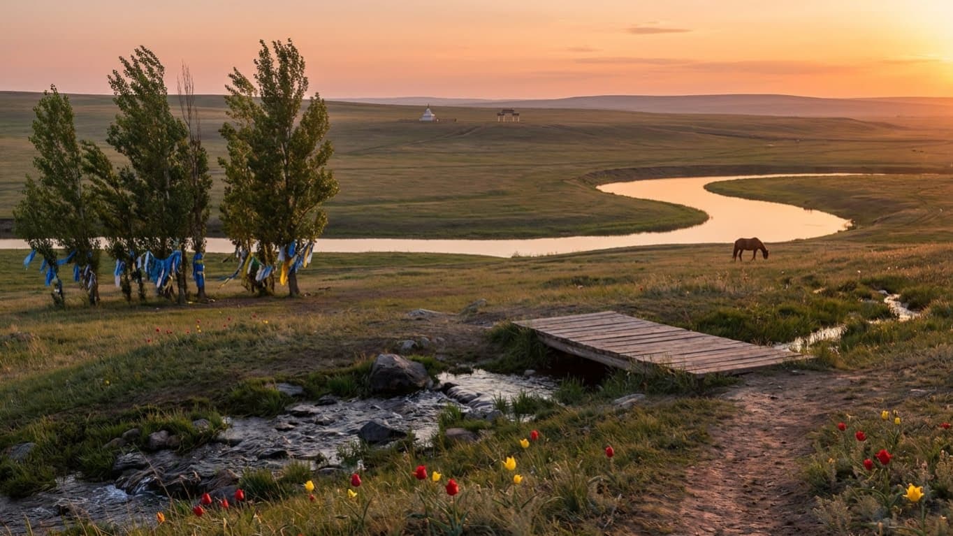 Калмыцкая степь с хадаками на деревьях