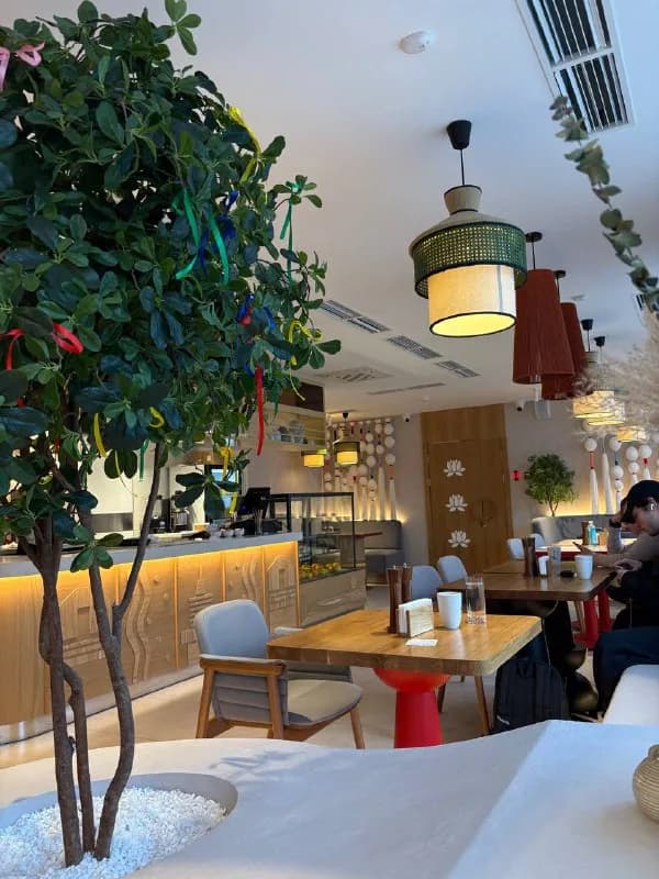 Интерьер кафе «Любезная калмычка» — столы, лотос на стене