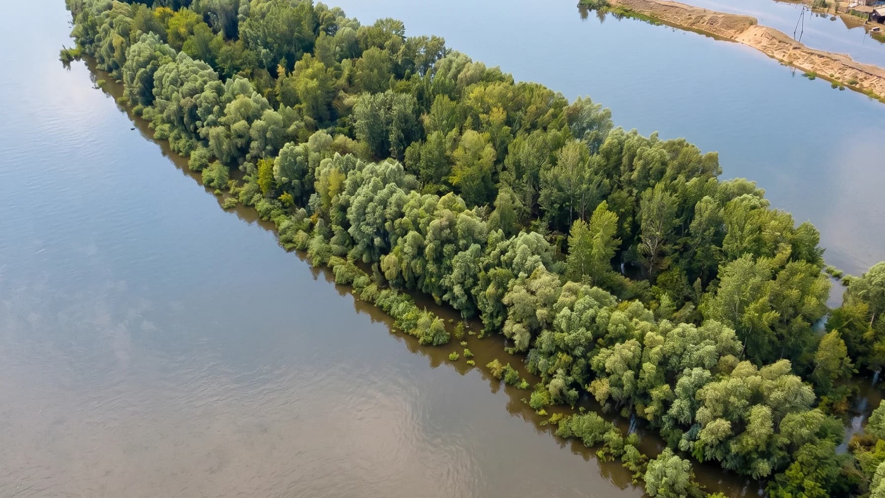 Тот же остров весной в половодье: отмель под водой, деревья в воде