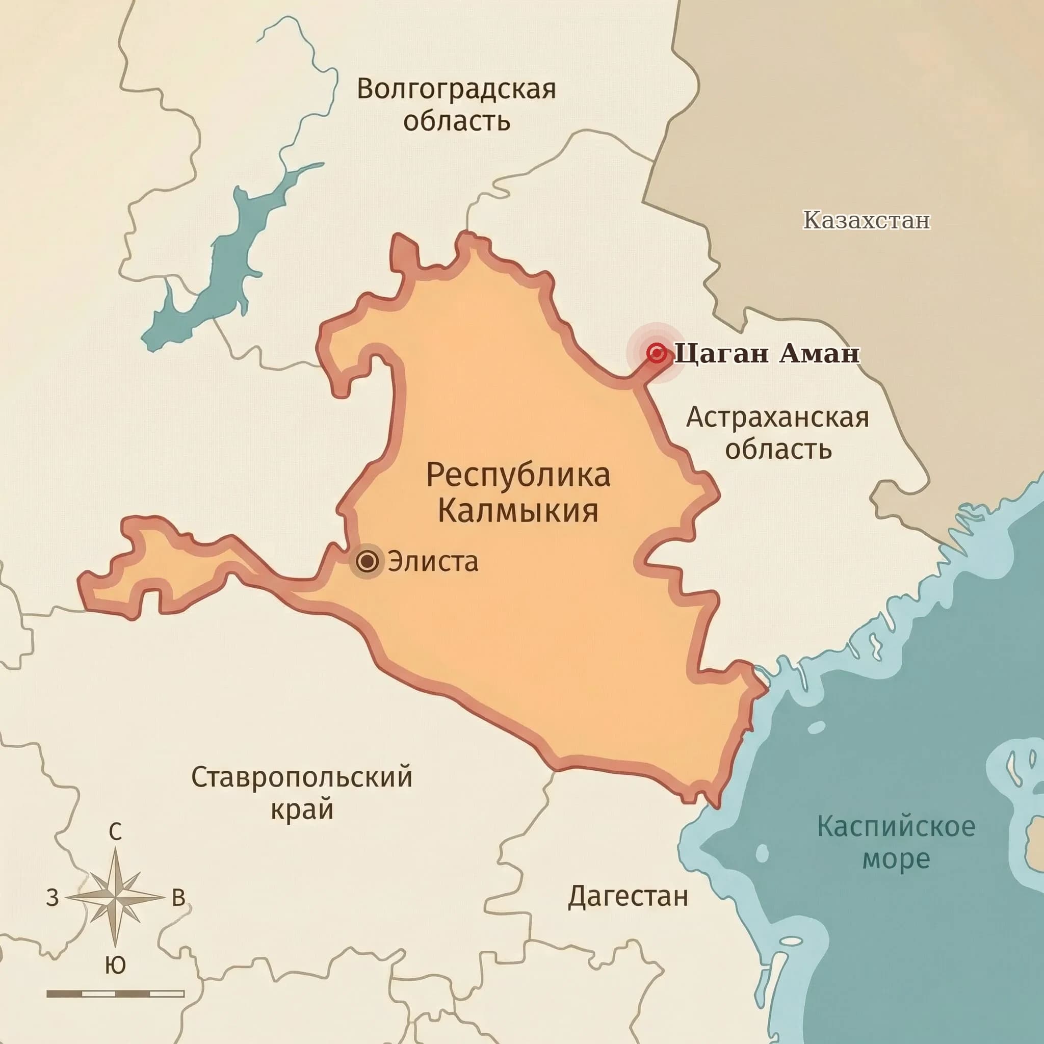 Цаган Аман на карте — северо-восточный выступ Калмыкии у Волги, на границе с Казахстаном